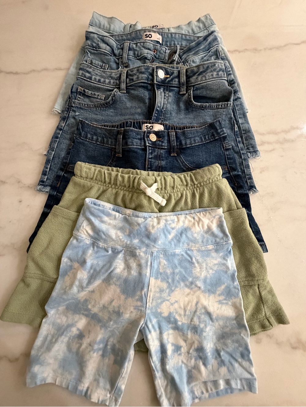 SO Kids Denim & Knit Shorts Bundle - Blue, Olive & Light Blue Tie-Dye